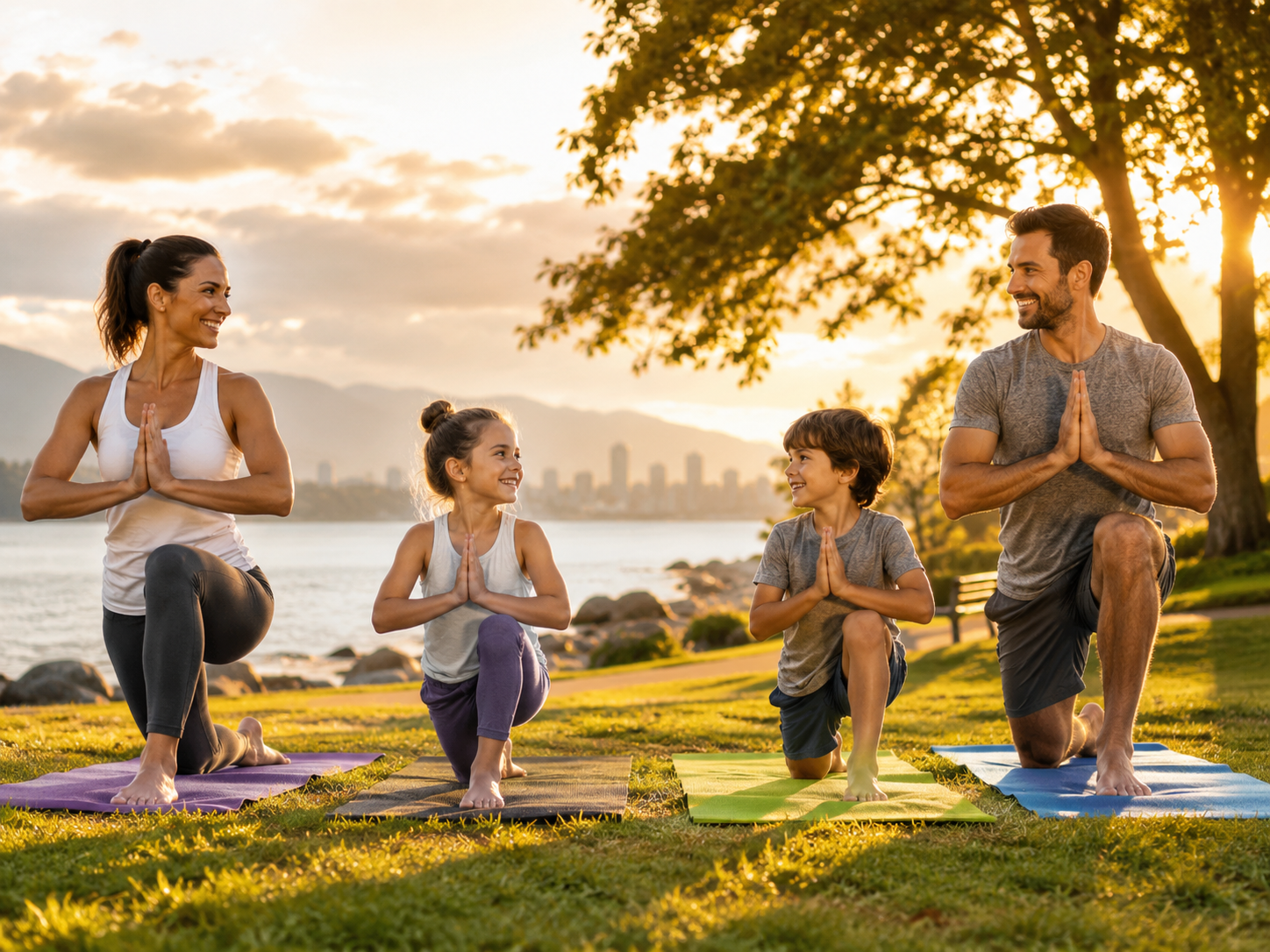 Family practicing yoga outdoors during golden hour